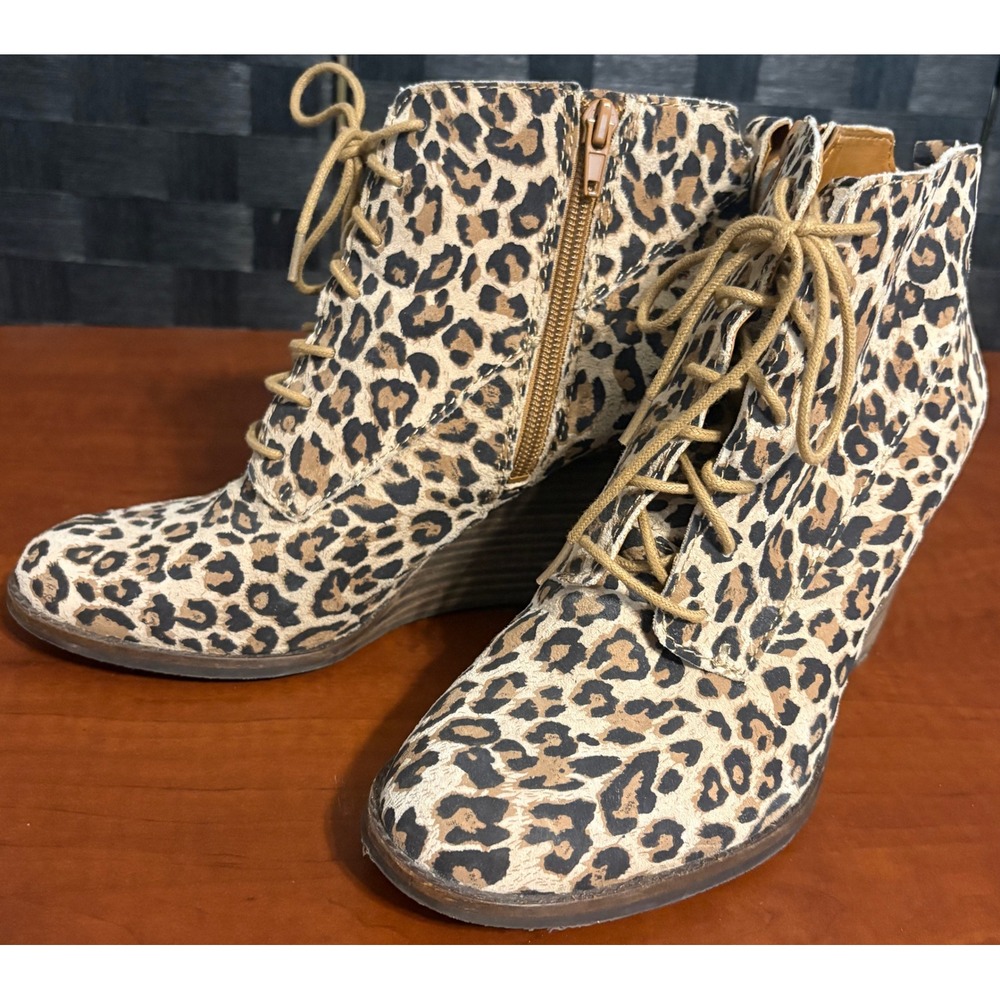 Lucky Brand Yoanna Leopard Print Wedge Booties Lace Up Side Zip Tan Brown 9M